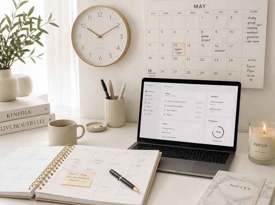 Mesa organizada com planner, calendário e laptop exibindo aplicativo de produtividade